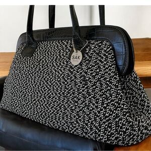 The Sak Crocheted Tweed Leather Satchel Handbag Shoulder Bag Purse